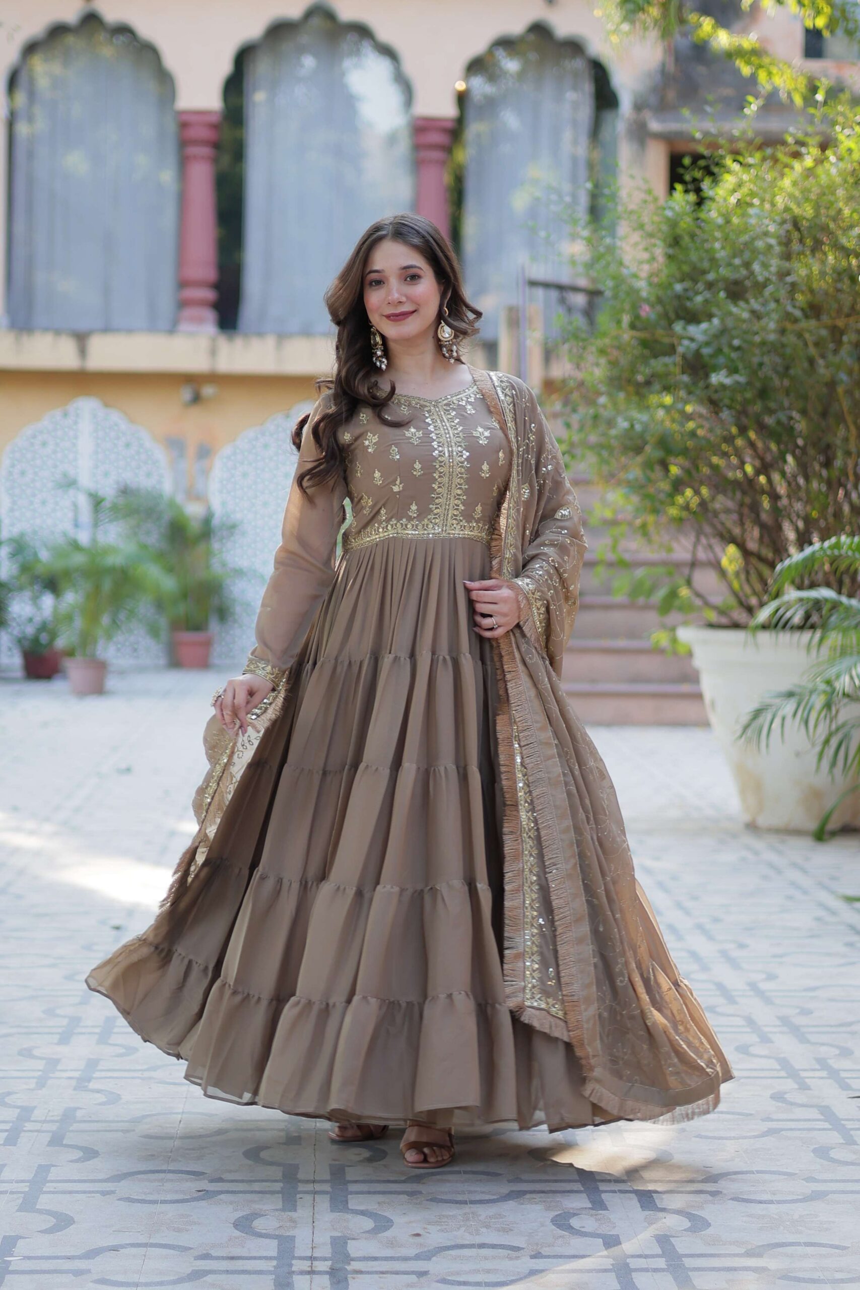 Beige Star Georgette Fully Flared Gown with Sequins Embroidered Dupatta & Lace Border